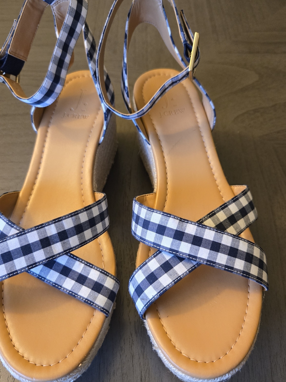J. Crew Navy & White Gingham Espadrille Wedge Sandals